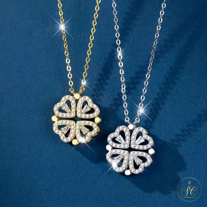 Chic Four Leaf Clover Small Heart Zirconia Pendant Necklace - SeoulChic.store