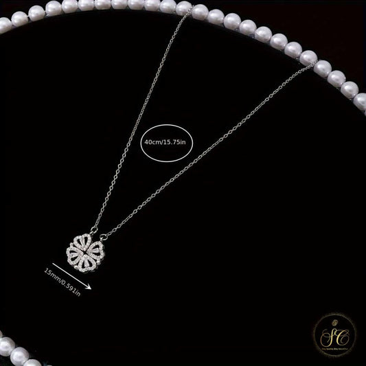 Chic Four Leaf Clover Small Heart Zirconia Pendant Necklace - SeoulChic.store