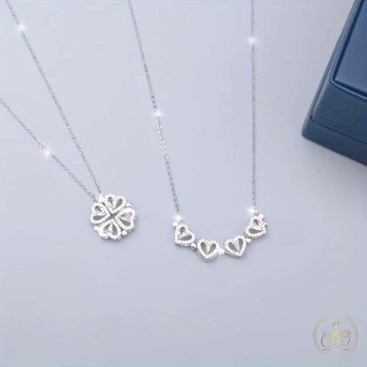 Chic Four Leaf Clover Small Heart Zirconia Pendant Necklace - SeoulChic.store
