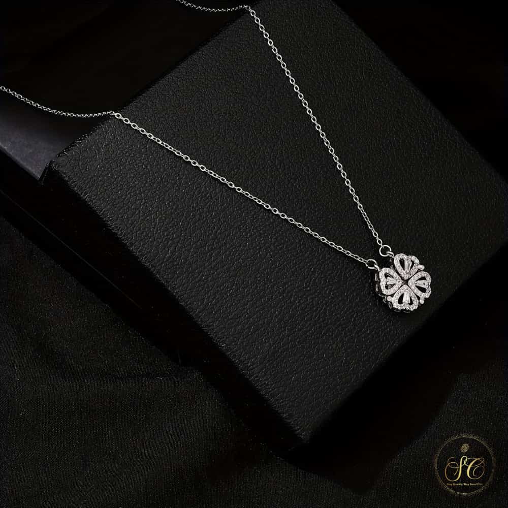 Chic Four Leaf Clover Small Heart Zirconia Pendant Necklace - SeoulChic.store