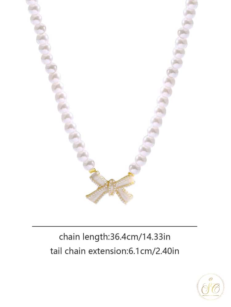 Premium Glamorous Rhinestone Bow With Faux Pearl Beads Necklace - SeoulChic.store
