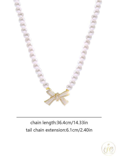 Premium Glamorous Rhinestone Bow With Faux Pearl Beads Necklace - SeoulChic.store