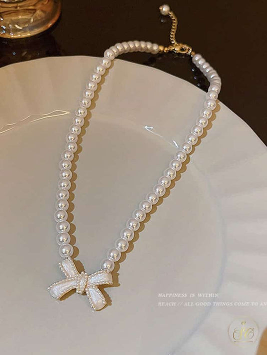 Premium Glamorous Rhinestone Bow With Faux Pearl Beads Necklace - SeoulChic.store