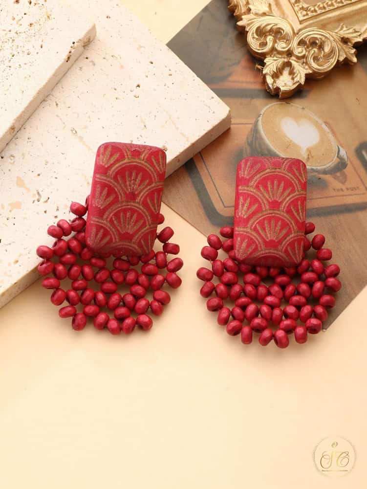 Luxury Handmade Minimalist Burgundy Wooden Beaded Earrings - SeoulChic.store
