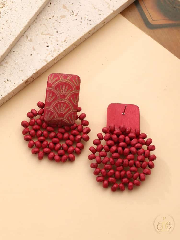 Luxury Handmade Minimalist Burgundy Wooden Beaded Earrings - SeoulChic.store