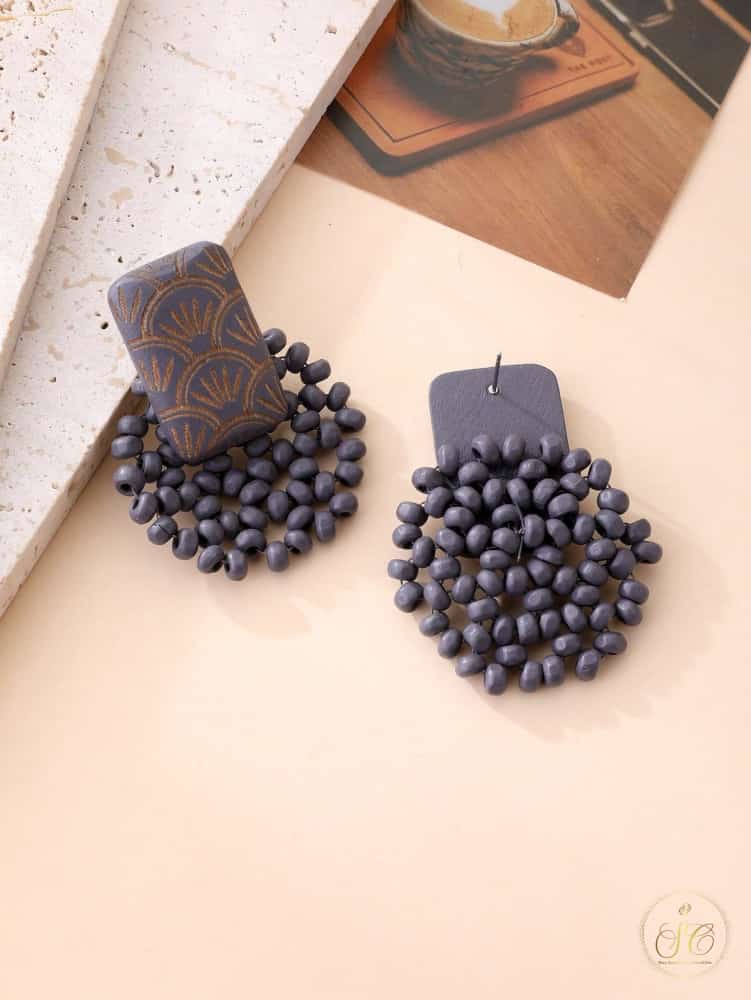 Elegant Handmade Minimalist Dark Grey Wooden Beaded Earrings - SeoulChic.store