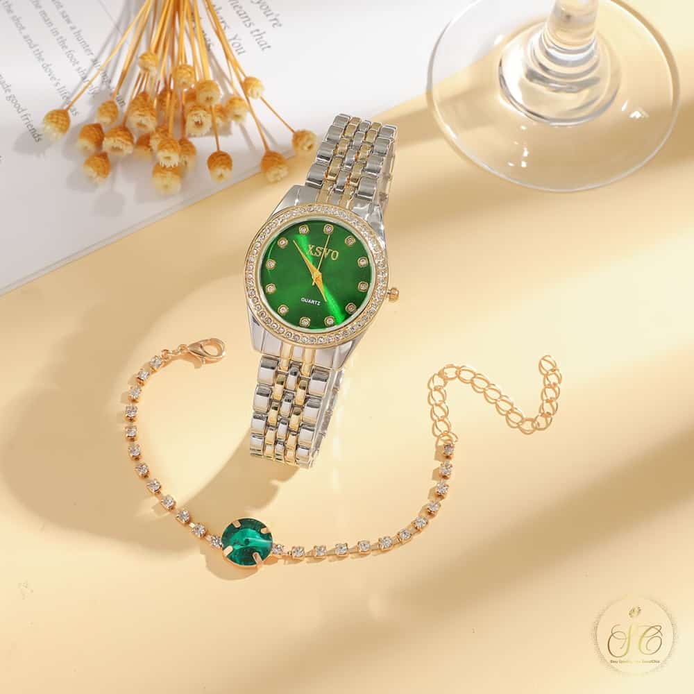 Refined High Aesthetic Minimalist Rhinestone Embellished Round Steel Watch And Jewelry Set - SeoulChic.store