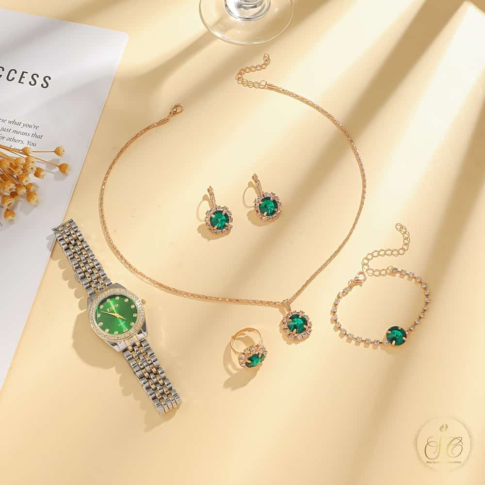 Refined High Aesthetic Minimalist Rhinestone Embellished Round Steel Watch And Jewelry Set - SeoulChic.store