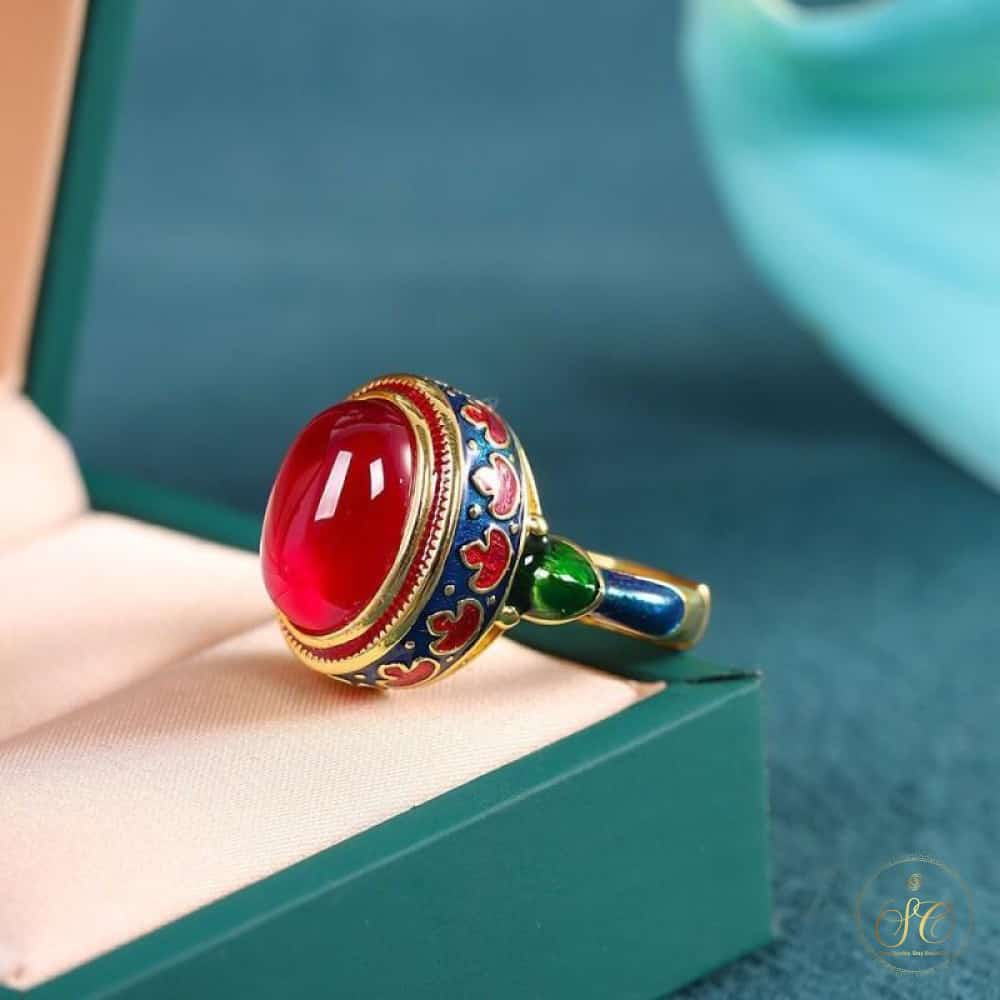 Chic Inlaid Vintage Red Faux Jade Band Ring - SeoulChic.store