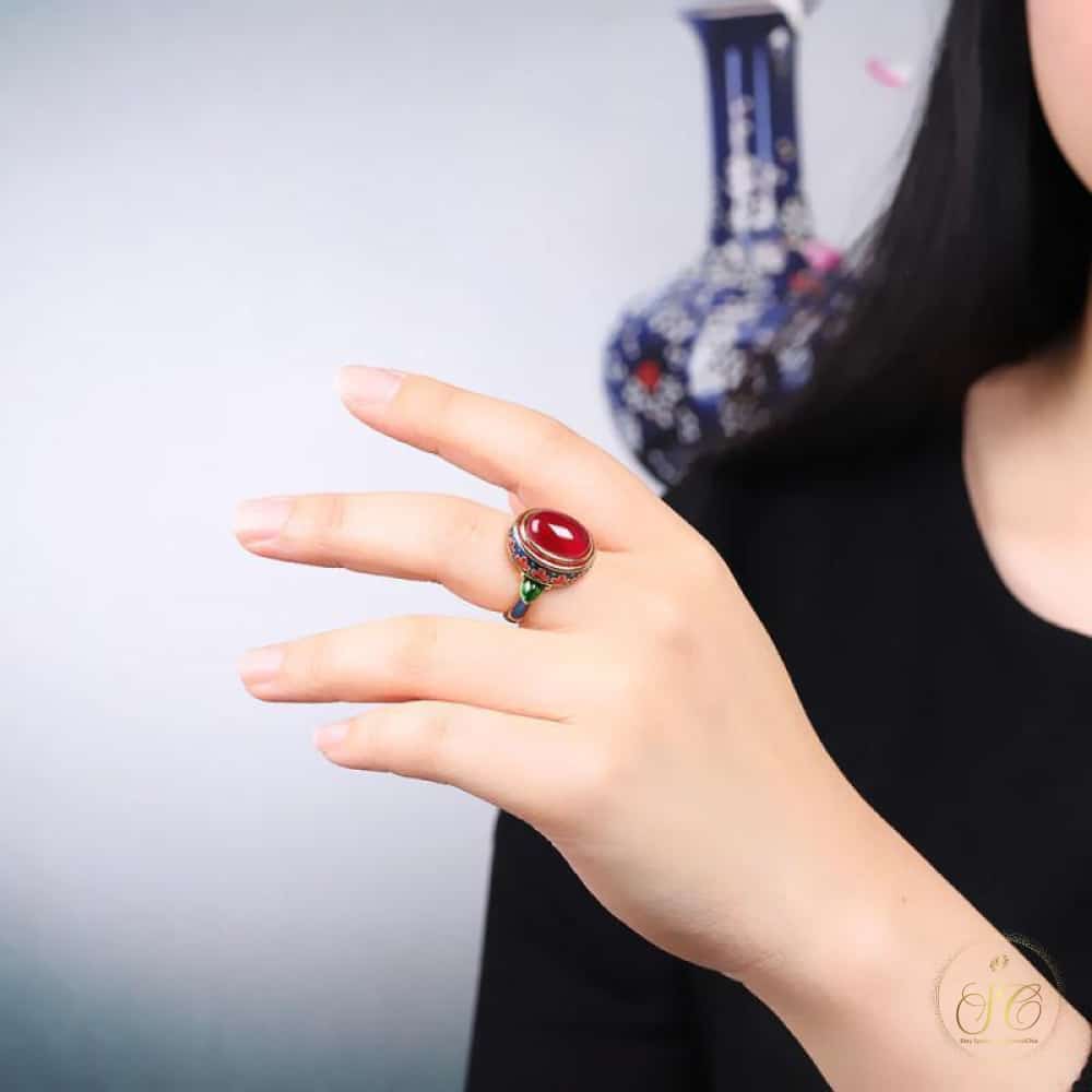 Chic Inlaid Vintage Red Faux Jade Band Ring - SeoulChic.store