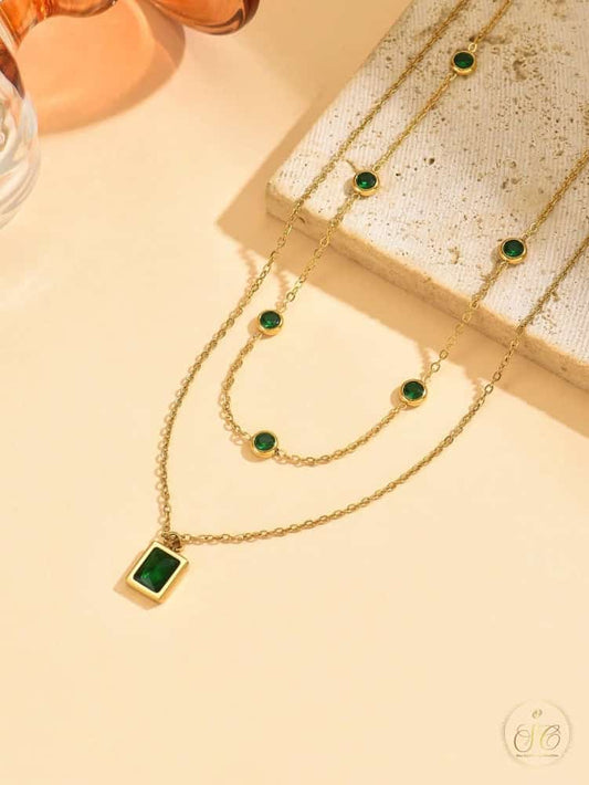 Graceful Minimalist Double Layered Green Brick Titanium Steel Necklace - SeoulChic.store