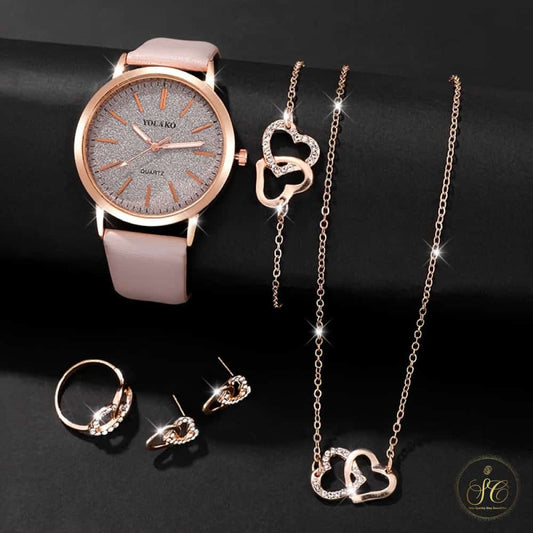 Classic Minimalist Round Watch And Shiny Heart Jewelry Set - SeoulChic.store