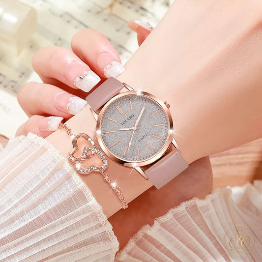 Classic Minimalist Round Watch And Shiny Heart Jewelry Set - SeoulChic.store