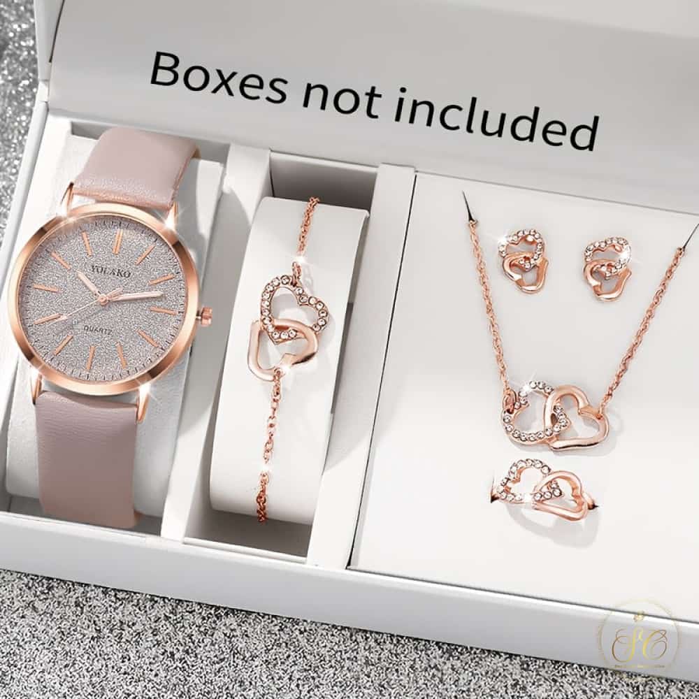 Classic Minimalist Round Watch And Shiny Heart Jewelry Set - SeoulChic.store