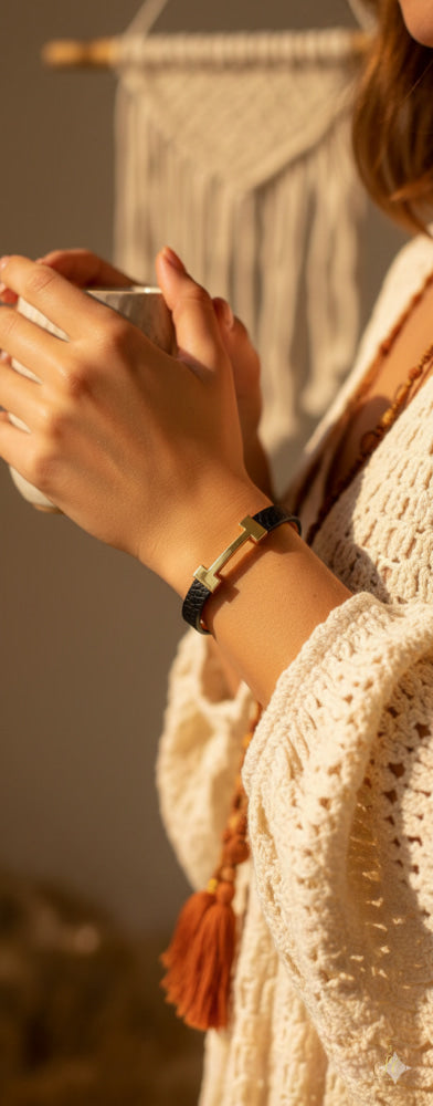 Modern Elegant Gold Plated And Black Leather Bracelet - SeoulChic.store
