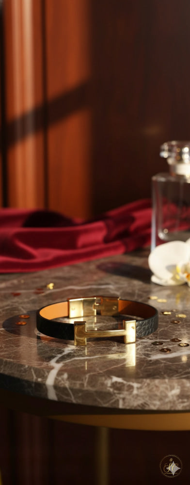 Modern Elegant Gold Plated And Black Leather Bracelet - SeoulChic.store
