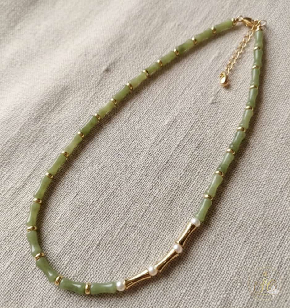 Signature Olive Green Natural Stone And Freshwater Node Necklace - SeoulChic.store