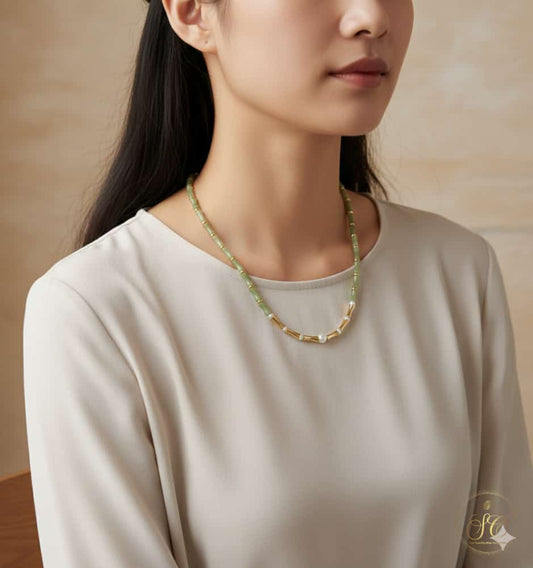 Signature Olive Green Natural Stone And Freshwater Node Necklace - SeoulChic.store