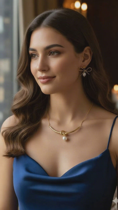 Classic Romantic White Bead Bow Design Jewelry Set