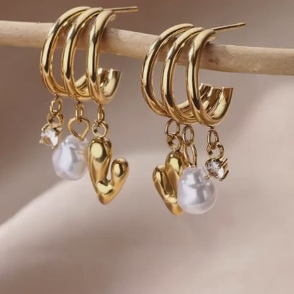 Signature Symmetrical Three Layered Heart Shaped Imitation Pearl Earrings
