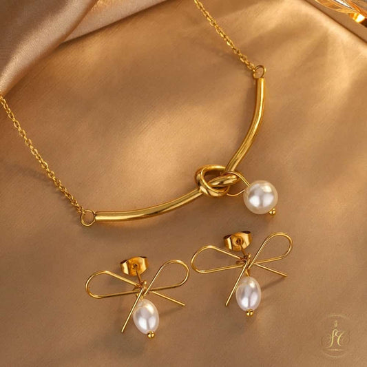 Classic Romantic White Bead Bow Design Jewelry Set - SeoulChic.store