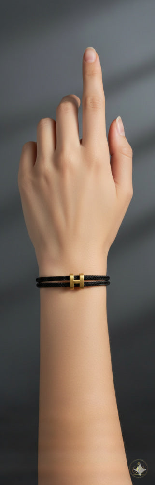 Signature Elegant Gold Plated Letter Black Leather String Braided Bracelet - SeoulChic.store