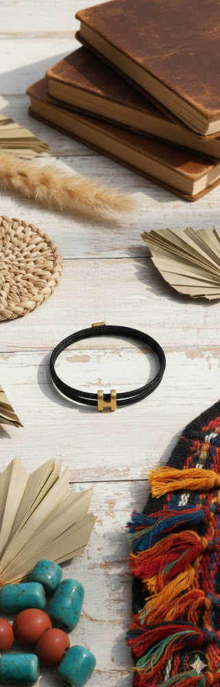 Signature Elegant Gold Plated Letter Black Leather String Braided Bracelet - SeoulChic.store