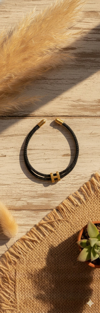 Signature Elegant Gold Plated Letter Black Leather String Braided Bracelet - SeoulChic.store