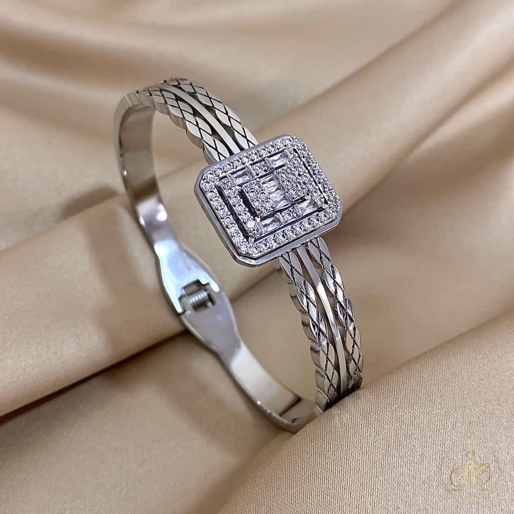Modern Stainless Steel Square Silver Rhinestone Bracelet - SeoulChic.store