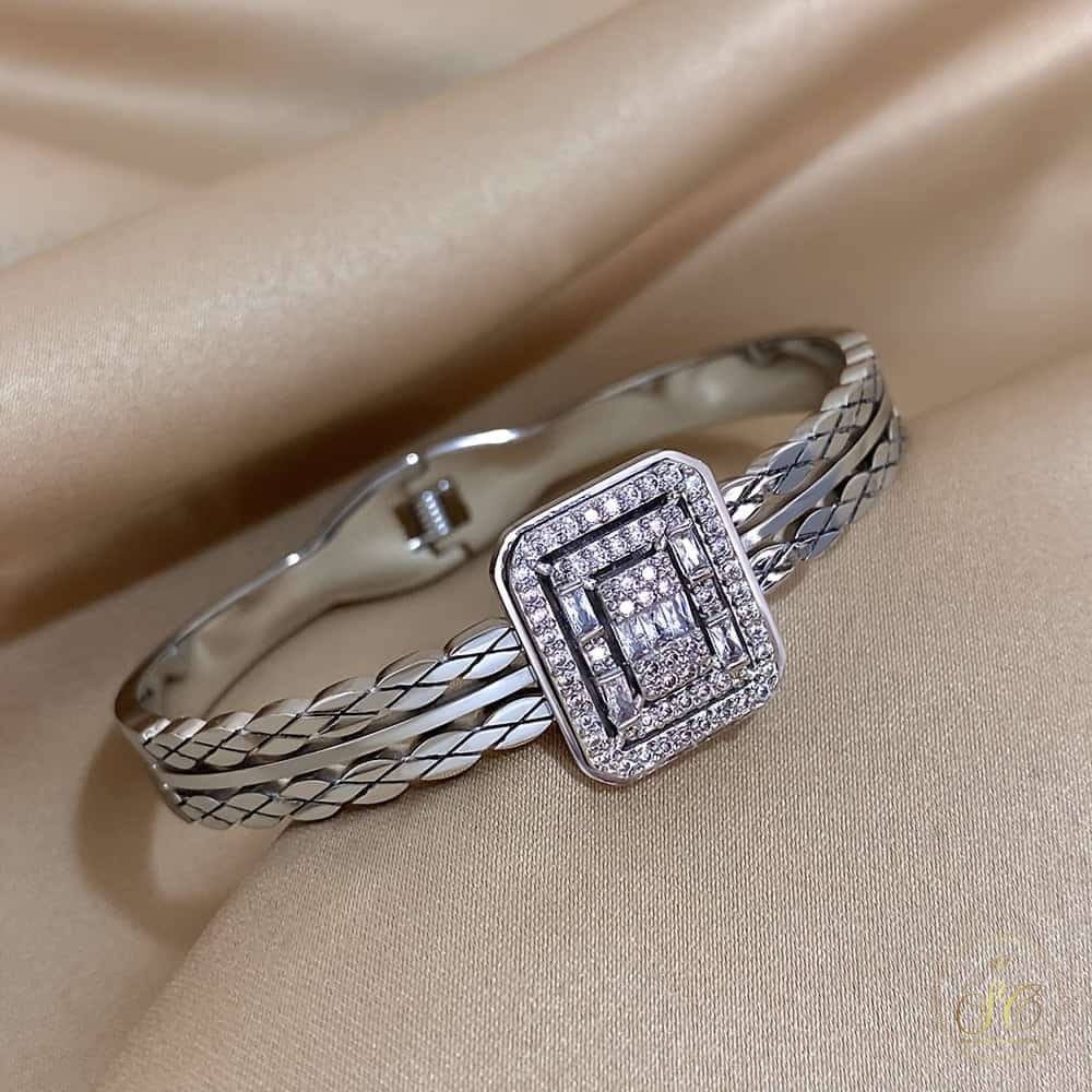 Modern Stainless Steel Square Silver Rhinestone Bracelet - SeoulChic.store
