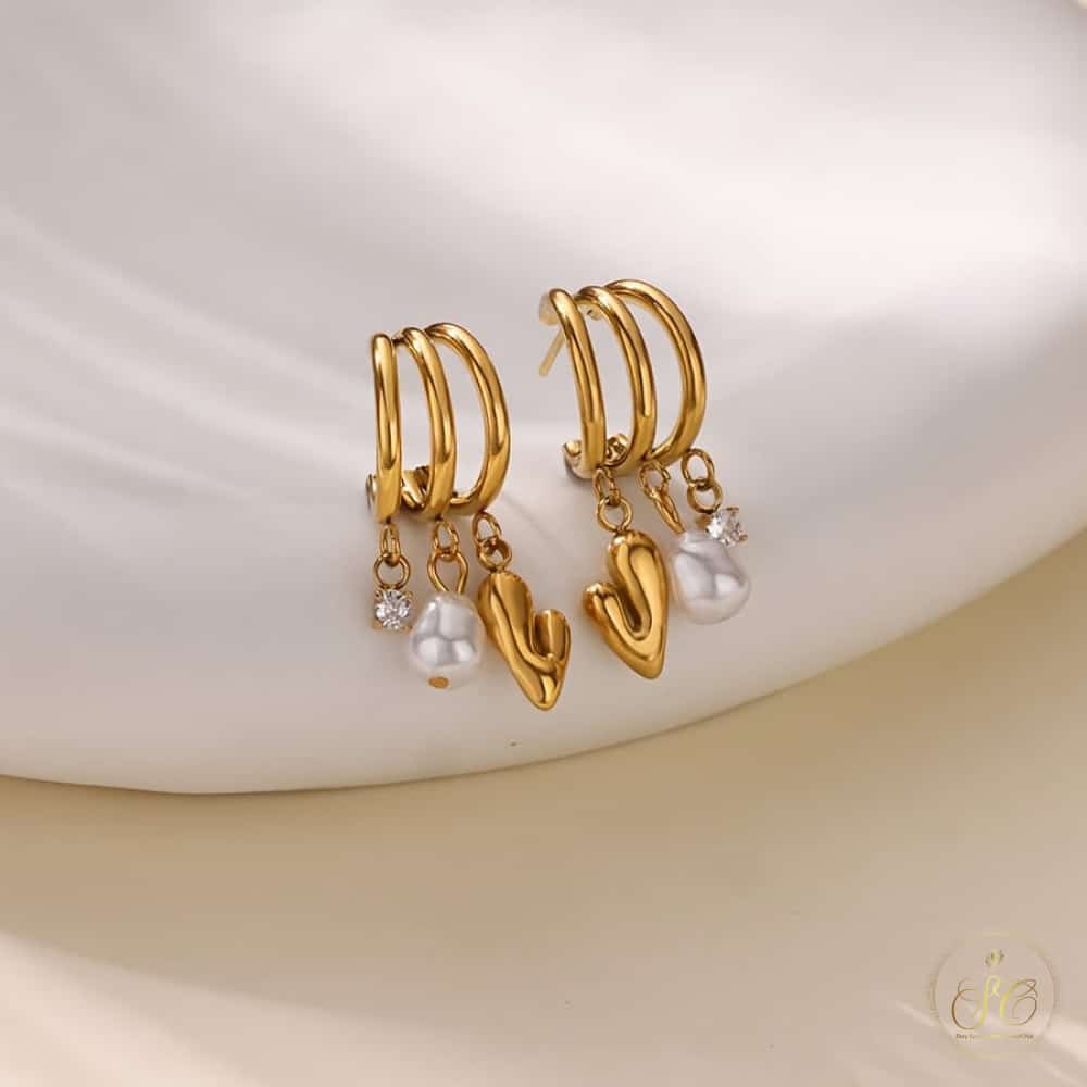 Signature Symmetrical Three Layered Heart Shaped Imitation Pearl Earrings - SeoulChic.store