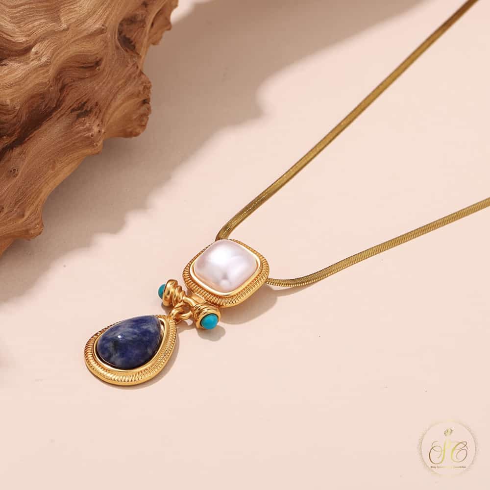 Luxury Vintage Bohemian Blue Flower Pendant Freshwater Pearl Necklace - SeoulChic.store