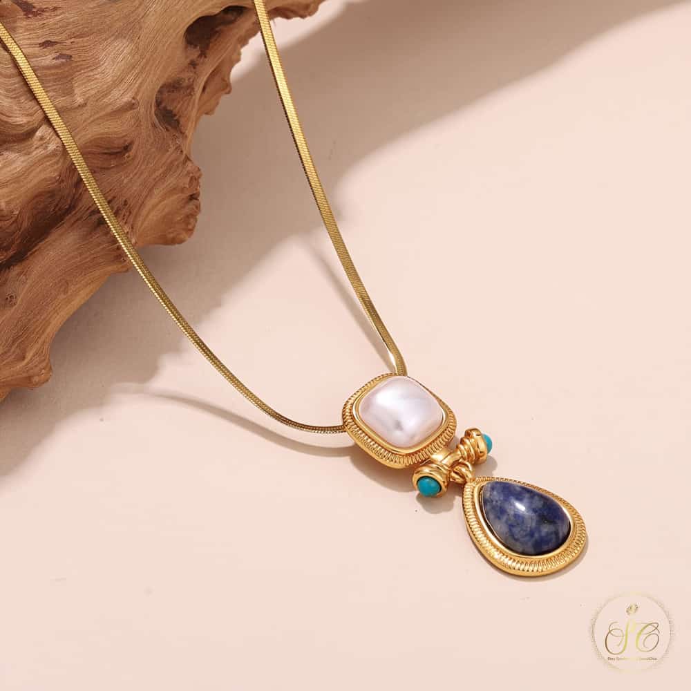 Luxury Vintage Bohemian Blue Flower Pendant Freshwater Pearl Necklace - SeoulChic.store