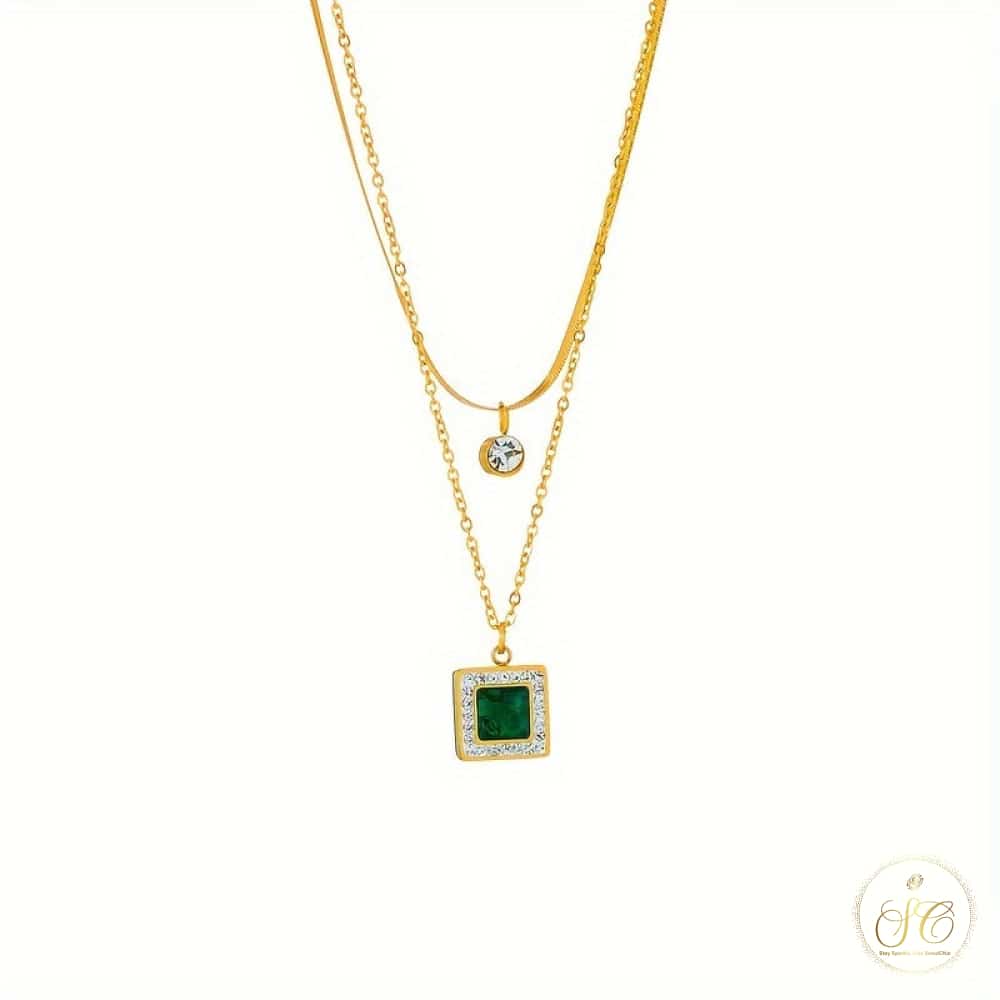 Refined Vintage Double Layered Green Zirconia Pendant Necklace - SeoulChic.store