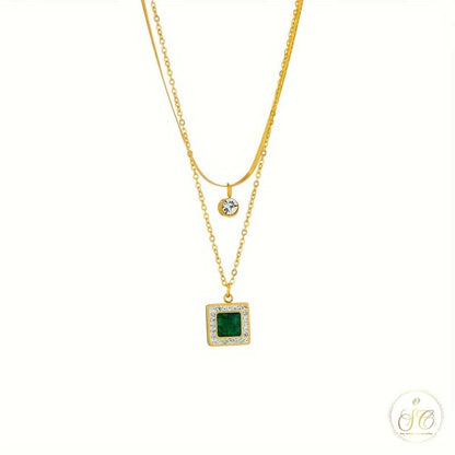Refined Vintage Double Layered Green Zirconia Pendant Necklace - SeoulChic.store