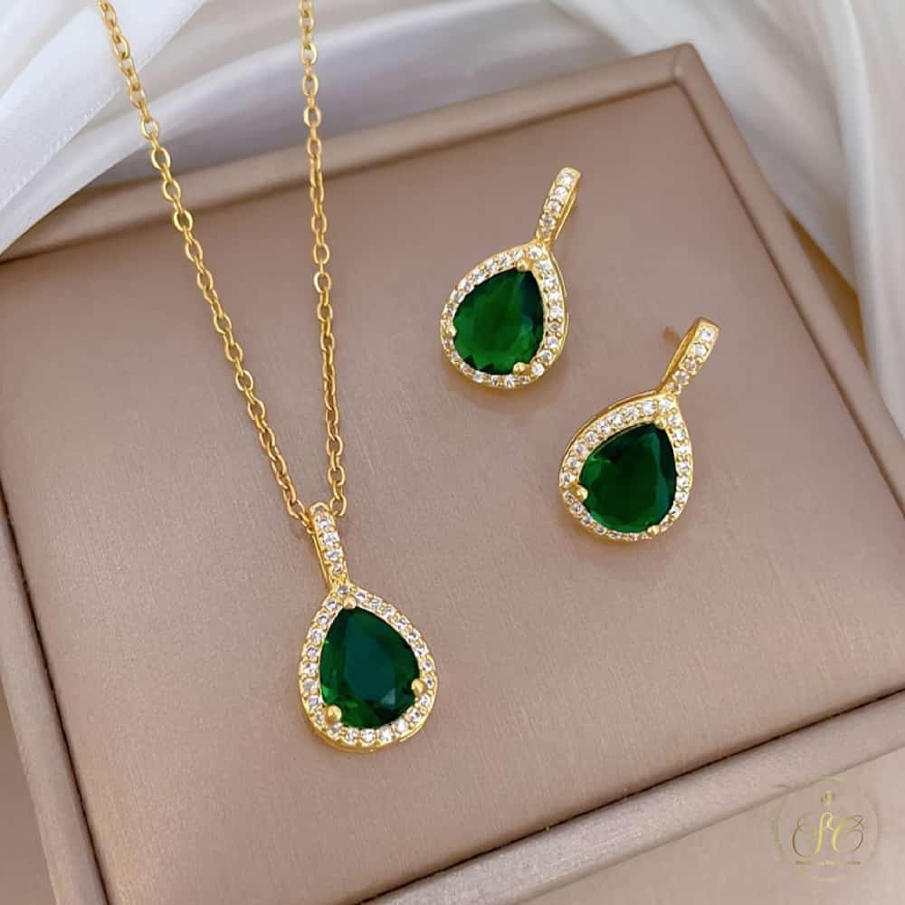 Refined Waterdrop Green Zirconia Pendant Jewelry Set - SeoulChic.store